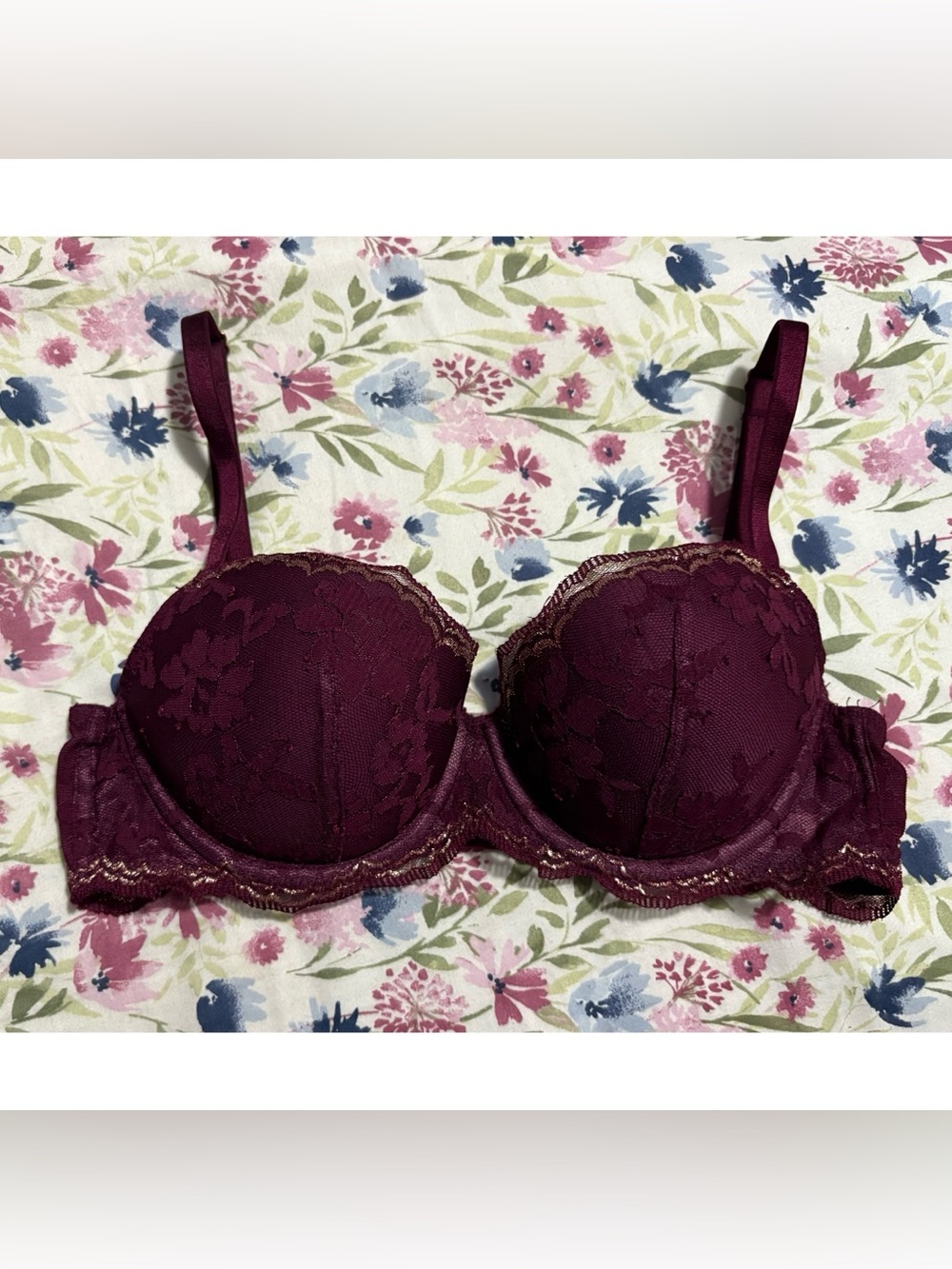 Victoria’s Secret burgundy and gold lace lined demi bra